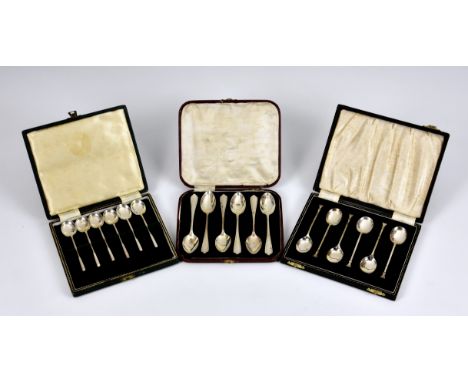 Three cased silver spoon sets, to include a set of six unusual demitasse spoons by Willam Suckling Ltd, Birmingham, 1983, hav