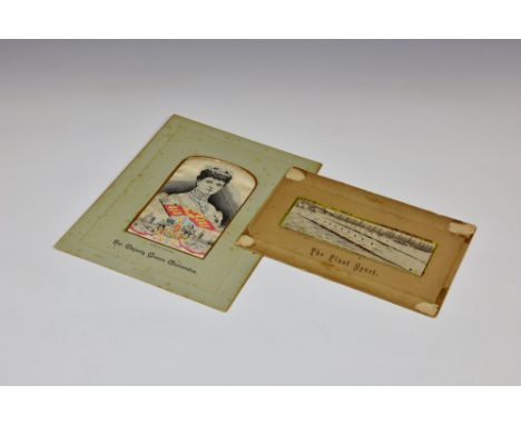 An antique Stevengraph of a rowing race entitled ' The Final Spurt ', pasted to board with Thomas Stevens retail information 
