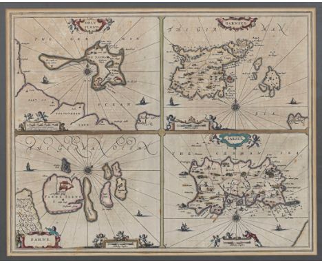 Jansson, Jan, British Islands - Holy Island, Garnsey, Farne [and] Jarsey, c.1680, engraved map with outline colouring, four m