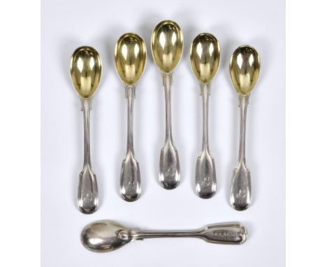 A matched set of six Victorian silver Fiddle Thread pattern mustard spoons with gilded bowls, Elizabeth Eaton, London, three 