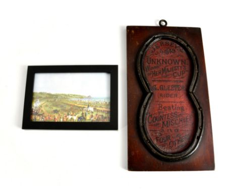 Early Jersey Horse Racing interest - A painted walnut Horse race plaque, the wording framed by horse shoes 'JERSEY July 1849 