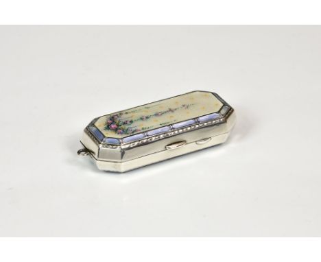 A Continental silver and guilloche enamel coin / stamp holder, elongated hexagonal form, with floral and repeating stylised e