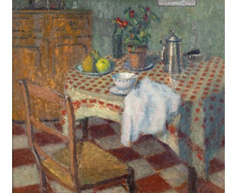 Joseph Lépine (French, 1867-1943), Le Dejeuner. oil on a chamfered panel, signed "Lepine" lower right, exhibition label on re