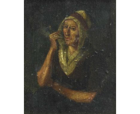 Follower of William Hogarth FRSA (1697-1764)  Woman pipe smoker  Oil on panel, together with a further pencil sketch depictin