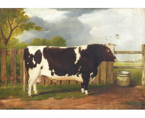R* Harrington (later 19th century) Portrait of a prize bull, standing before a fence, with a view of a landscape beyond Signe