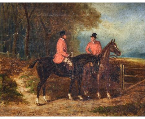 E* S* England (fl.1890-1910) Mounted huntsmen in conversation at a gateHuntsmen on the scentSigned, oil on canvas, 19cm by 24