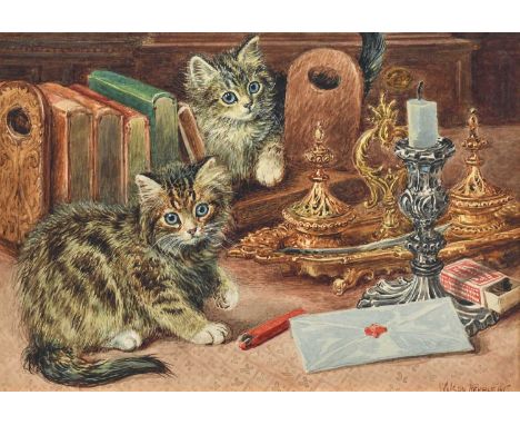 Wilson Hepple (1854-1937)Two tabby kittens playing on a desk with inkstand, a candlestick and a wax sealed letterSigned and d