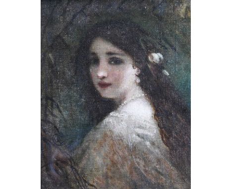 Albert Ludovici Snr. RBA (1820-1894) Portrait of a young woman, head and shoulders, amongst foliage Monogrammed, oil on canva