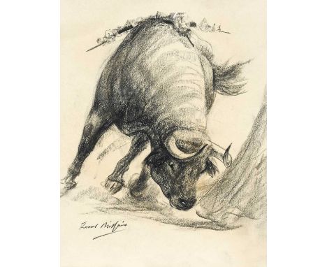 Raoul Millais (1901-1999) A charging bull engaged in a bullfight Signed, charcoal, together with a further black ink and wash