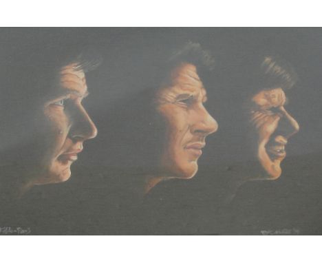 J.J.K. NUTTER; acrylic on canvas panel, "Faldo Par 3" depicting Nick Faldo demonstrating three facial expressions, signed and