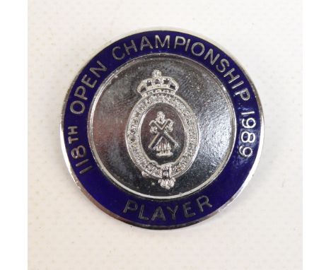 A 1989 Open Golf Championship Player competitor badge, with blue enamel and R&A crest. The event being played at Royal Troon 
