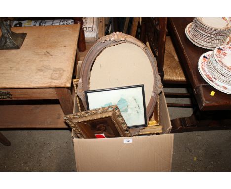 A box containing a large quantity of various pictures and prints, a clock, a portrait photograph contained in Oxford frame et