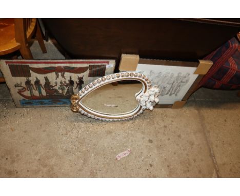 An Egyptian Revival on papyrus and a heart shaped wall mirror and a framed print "Stupid Boy"