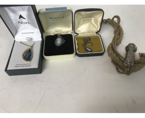 2 Wedgwood pendants , a gold plated Opal pendant and a vintage military whistle