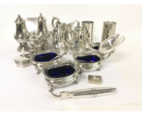 A collection of hallmarked Canadian sterling condiments, a snuff box and other plated ware (C)