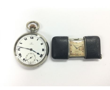 An Omega pocket watch and a vintage Movado travel clock. Shipping category A,