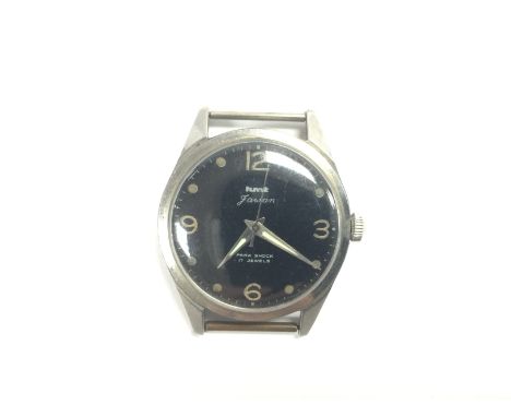 An army issue wrist watch with a black face dial. Shipping category A.