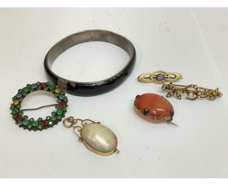 Two 9ct gold brooches, other brooches, some gold mounted and a bangle