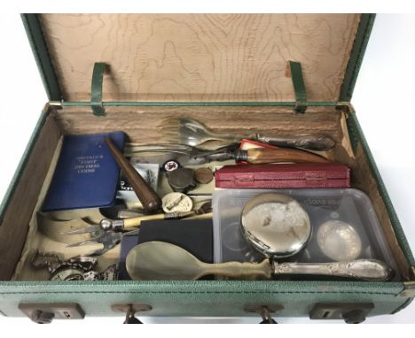 A box of mixed items including decimal coins, Vintage cutlery, some being Hallmarked silver, vintage pins and rings etc