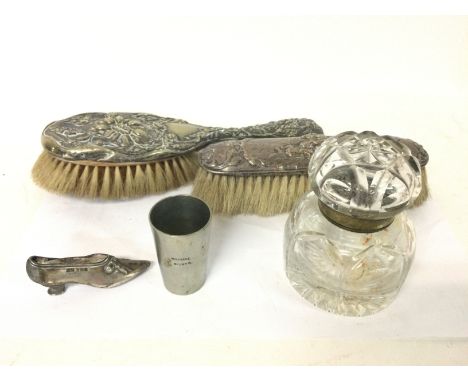 Hallmarked silver &amp; Silver plated brushes, silver pin cushion shoe, silver cup and a cut glass inkwell