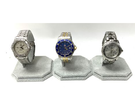 3 vintage Tag Heuer steel strap wristwatches. To include a Tag Heuer 2000, Professional date, A Tag Heuer blue dial professio