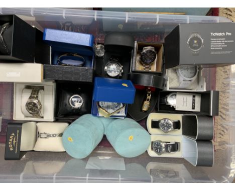A large collection of boxed fashion watches to include Rotary, Guess, DKNY, Sekonda, Accurist. (D)