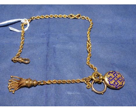 A Victorian rope twist watch chain stamped '15C', with tassel, enamel and gold plated locket and clip, weight of chain 21 gm