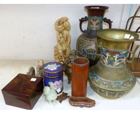 Two oriental vases with applied enamel decoration; other eastern decorative items