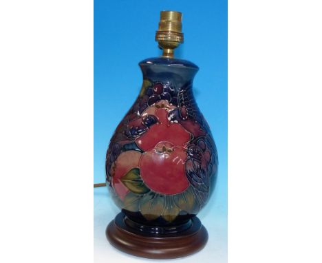 A Moorcroft Finch pattern blue ground baluster table lamp with silk shade, impressed, height of lamp 8½"