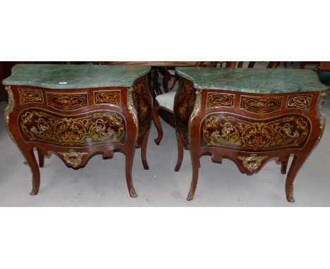 A pair of Louis XV style serpentine front bombe commode chests with green marble tops, gilt  metal mounts and inlay effect, e