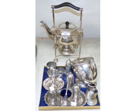 An Arts & Crafts design EPNS kettle on stand; a silver napkin ring; other EPNS including a sugar scuttle