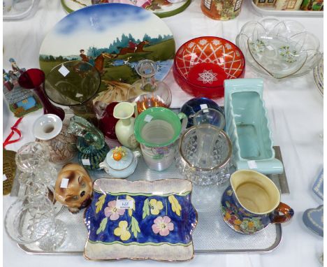 A pottery wall plaque, hunting scene; 2 pieces of Mdina glass; another similar; a selection of decorative china and glass