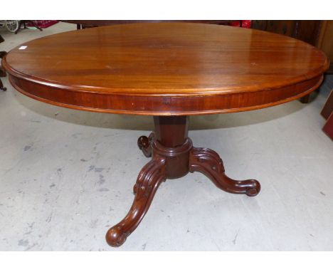 A Victorian mahogany oval loo table on octagonal column and triple carved splay feet, length 48"