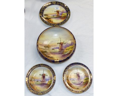 Four pieces of Noritake style hand painted china decorated with windmills