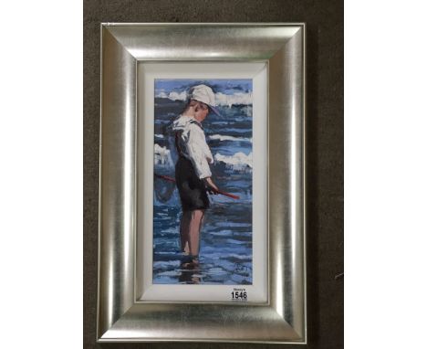 A silver framed Limited edition print depicting boy paddling with net, by Sheree Valentine Daines