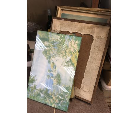 A collection of pictures including framed tapestry art of a rural town, vintage ministry of health print etc