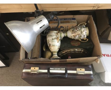 Assorted oddments including a projector, bulbs, briefcase with toys, documents. This lot cannot be posted