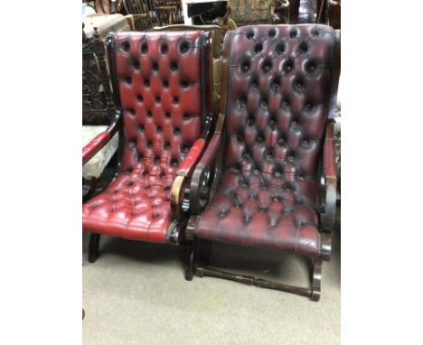 Two open arm chains with button back and seats together with a low stool On cabriole legs