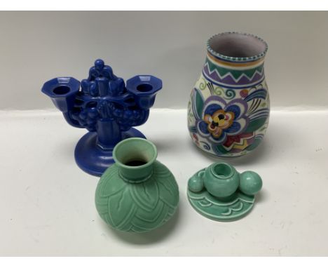 A John Adamâ€™s Carter, Stabler and Adamâ€™s double candlestick with blue glaze, Poole pottery vase together with 2 additiona