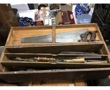 A collection of woodwork tools including a saw, steel plane, chisels etc and a boxed parkside angle grinder. This lot cannot 