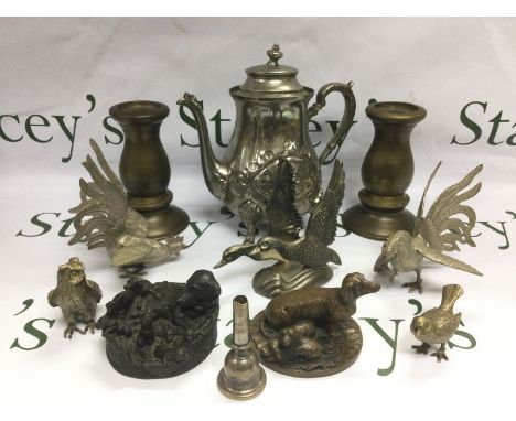 A WMF teapot and other metalware and resin items.