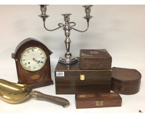 A collection of oddments an Edwardian style Mahogany mantel clock brass scoop leather collar box wooden boxes and a shoe clea