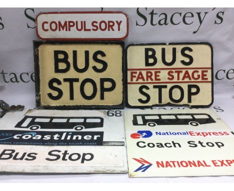 Four bus and coach stop signs plus a destination roller mechanism with attached rolls. Shipping category D.