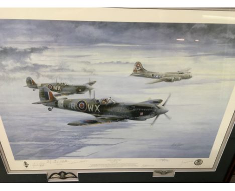 A multi signed limited edition print titled little friends. Signatures by artist and 5 aircrew. Comes with COA and in conserv