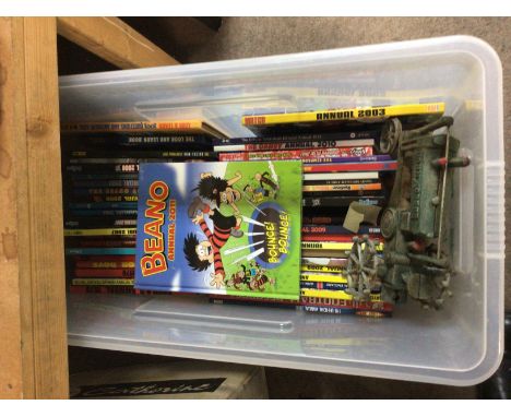 A box containing mixed annuals Dandy Beano  2000AD and a replica cast metal vintage tractor and other oddments.