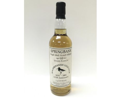 A bottle of Springbank single malt scotch whisky aged 10 years, specially brewed for the 125th anniversary of the Machrihanis
