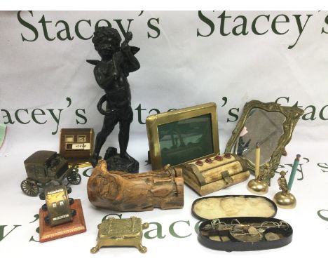 A collection of oddments comprising a bronzed figure of a cherub, brass desk items, scales and weights etc. Shipping category