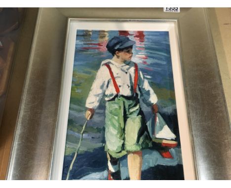 A silver framed limited edition print depicting a boy With model boat .by Sheree valentine Daines .together with two books on