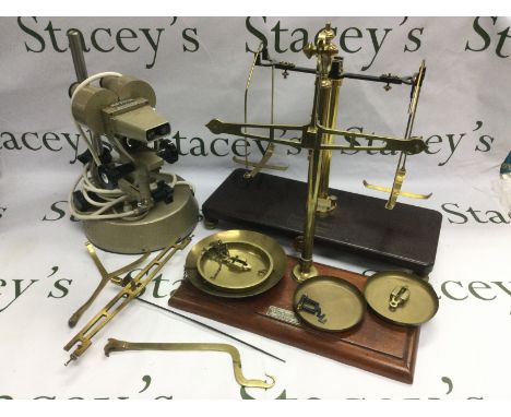 A vintage Prior binocular microscope and two sets of beam balance scales (3). Shipping category D.