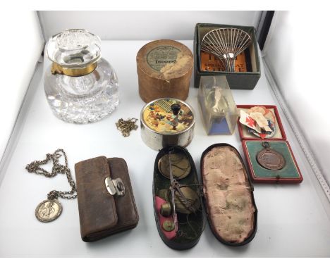 A mixed lot including a Terry Sprung seat a set of sovereign scales silver medallion on chain an ink well etc. Postage B